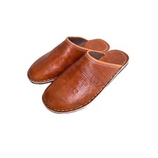 Men  s Brown Genuine Leather Round Toe Babouche Slippers Handmade Moroccan Style