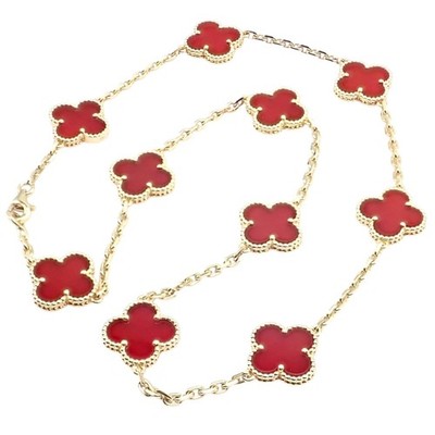 Authentic Van Cleef & Arpels 18k Gold 10 Motif Alhambra Carnelian Necklace Paper