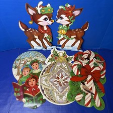 Vintage Christmas Die Cut Cardboard Cutouts Lot Of 5 Reindeer Carolers Birds