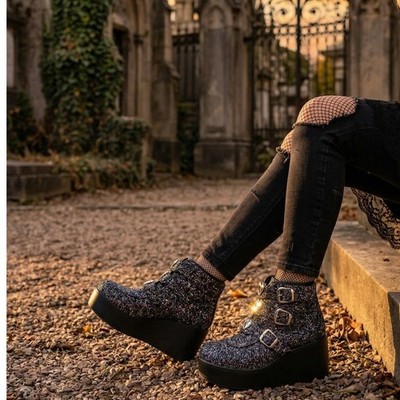 NWT! ''Lucky Step'' Womens Glitter Platform Boots Heart Buckle Vegan Blk Multi 7.5