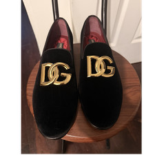 Dolce & Gabbana Men’s Black Suede Slip-On Dress Loafers Leather DG Logo 
