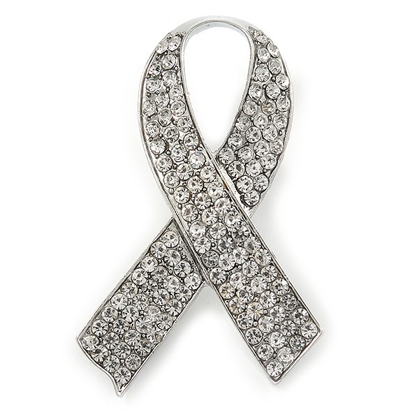 Clear Crystal Breast Cancer Awareness Ribbon Lapel Pin In Rhodium Plating -