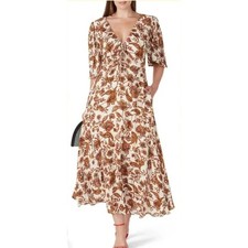 NICHOLAS Printed Danielle Dress Midi Length Women's Size 4 Cream Orange Floral