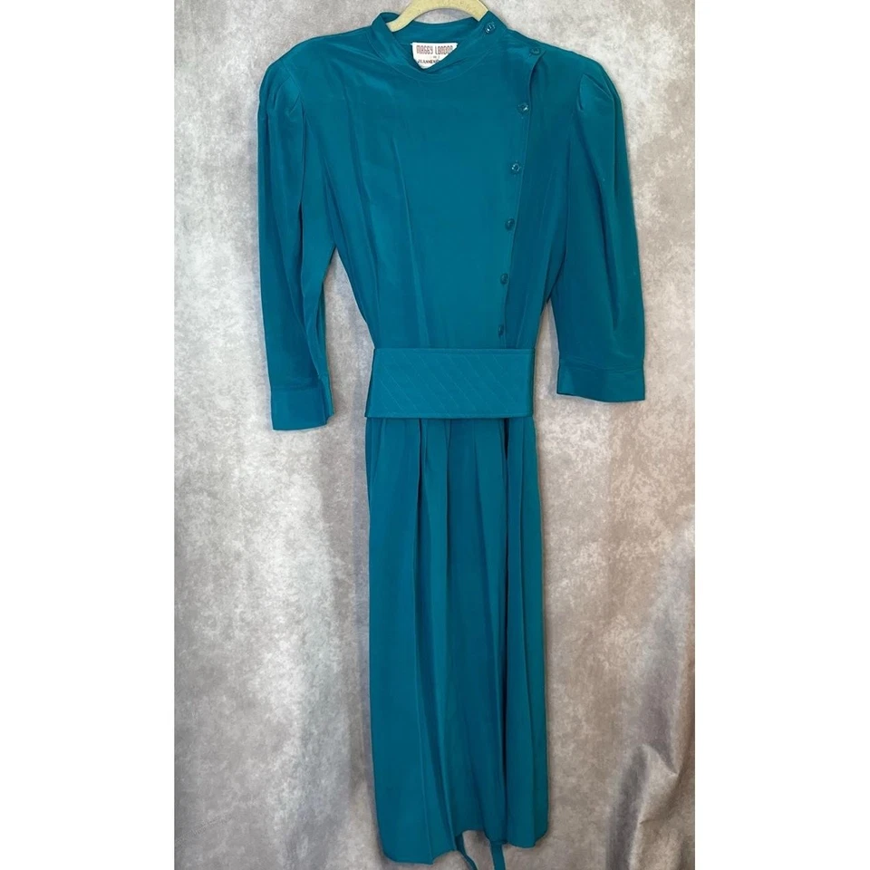 Vestido midi plisado vintage años 80 Maggy London 100 % seda con cinturón talla 14 verde azulado Foto 3 de 4