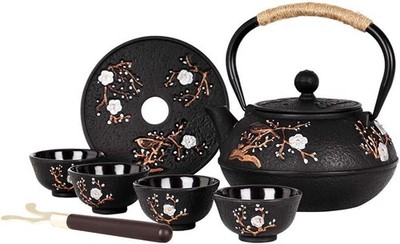 Japanese Style Cast Iron Teapot with 4 Tea Cups Trivet Tetsubin Tea Kettle with