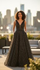 Black Long Embroidered Sequin V Neck Prom Dress Size 2 Pockets Formal Gown