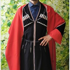 Men's Black Cossack Red Cloak Cape Caucasian Custom Wool Long Frock