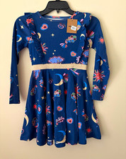 Mini Boden Navy Moon  Floral Ruffle Dress with Gold Waistband Accent 7/8 y.o.