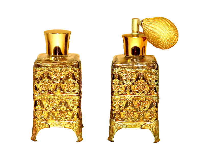 2 Vintage Hollywood Regency Gold Ormolu Filigree Footed French Perfume Bottles