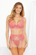 Escante Lace Underwire Bra  Garterbelt Stockings Set Coral