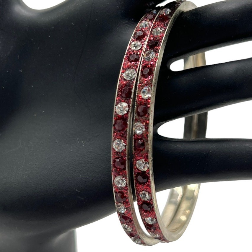 Bangle Bracelets Red & Clear Stones Glittery Set of 2-image