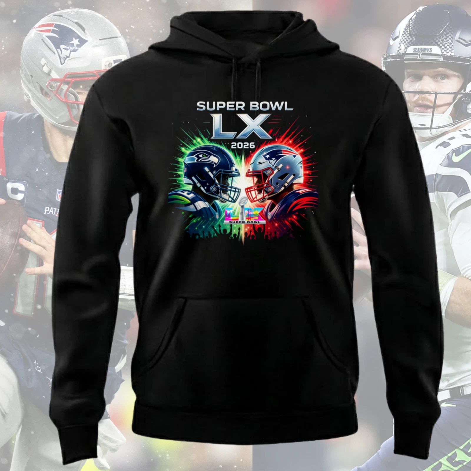 Patriots vs Seahawks 2026 Super Bowl Football Hoodie