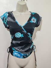 Top Etam y2k nero blu increspato elasticizzato floreale avvolgente 10 kimono orientale asiatico