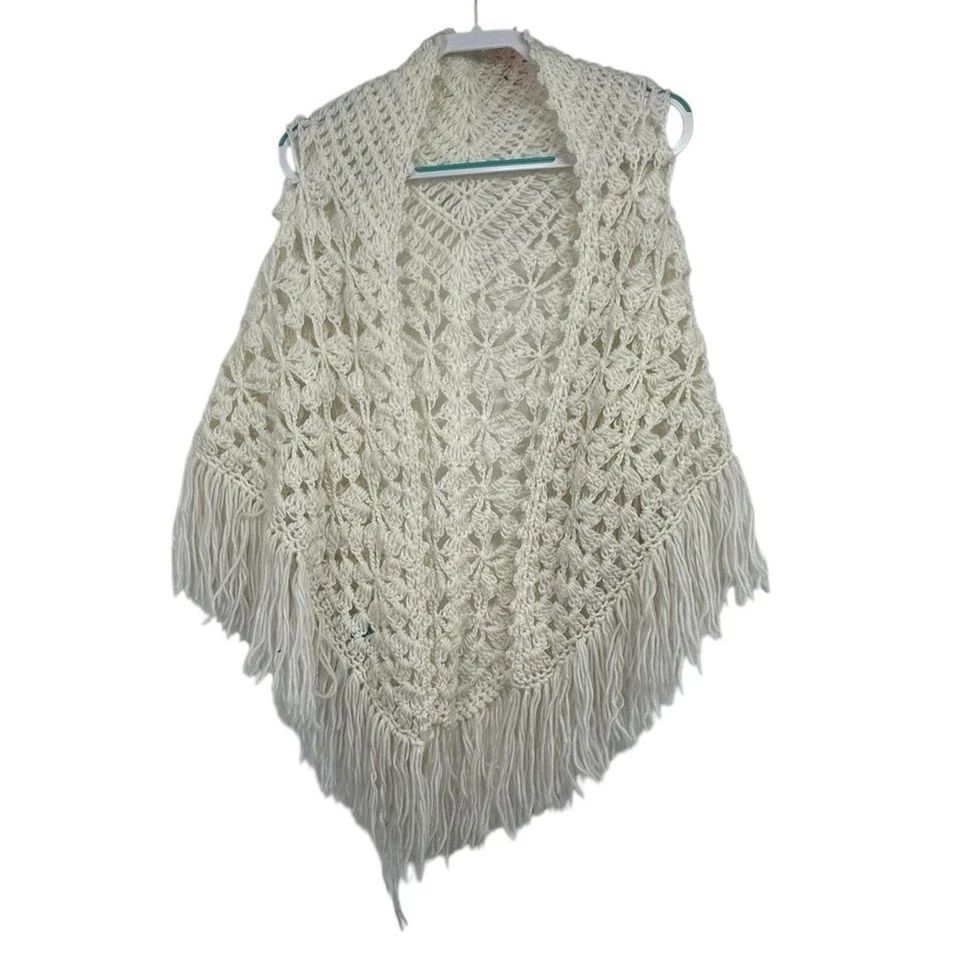 Mantón con flecos de ganchillo a mano vintage de los años 70 crema boho hippie festival envoltura Japón Foto 4 de 4