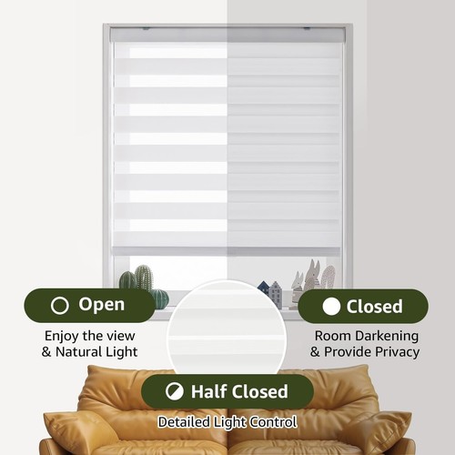 FOIRESOFT Standard Cordless Custom Zebra Roller Shades and Blinds [Basic, White, - Picture 2 of 8
