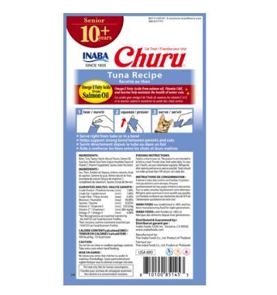 Inaba Senior 10+ Churu Puree Lickable Cat Treat Tuna Recipe 6 x 56g - Picture 2 of 2