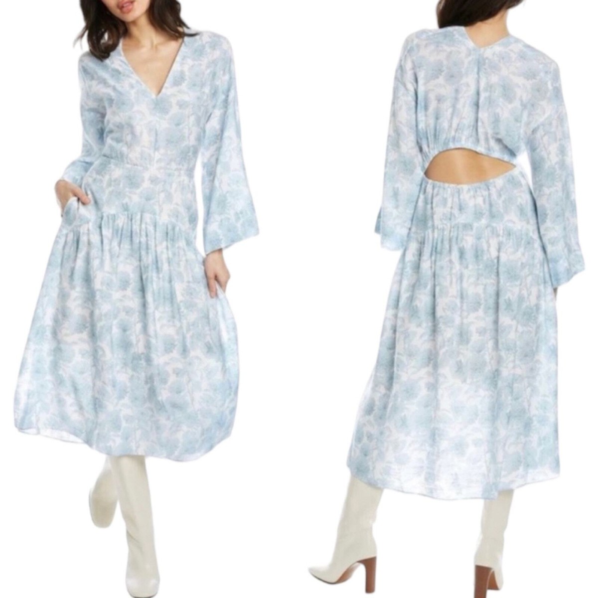 Vince NWT Dahlia Long-Sleeve Double V-Neck Midi Dress Size S