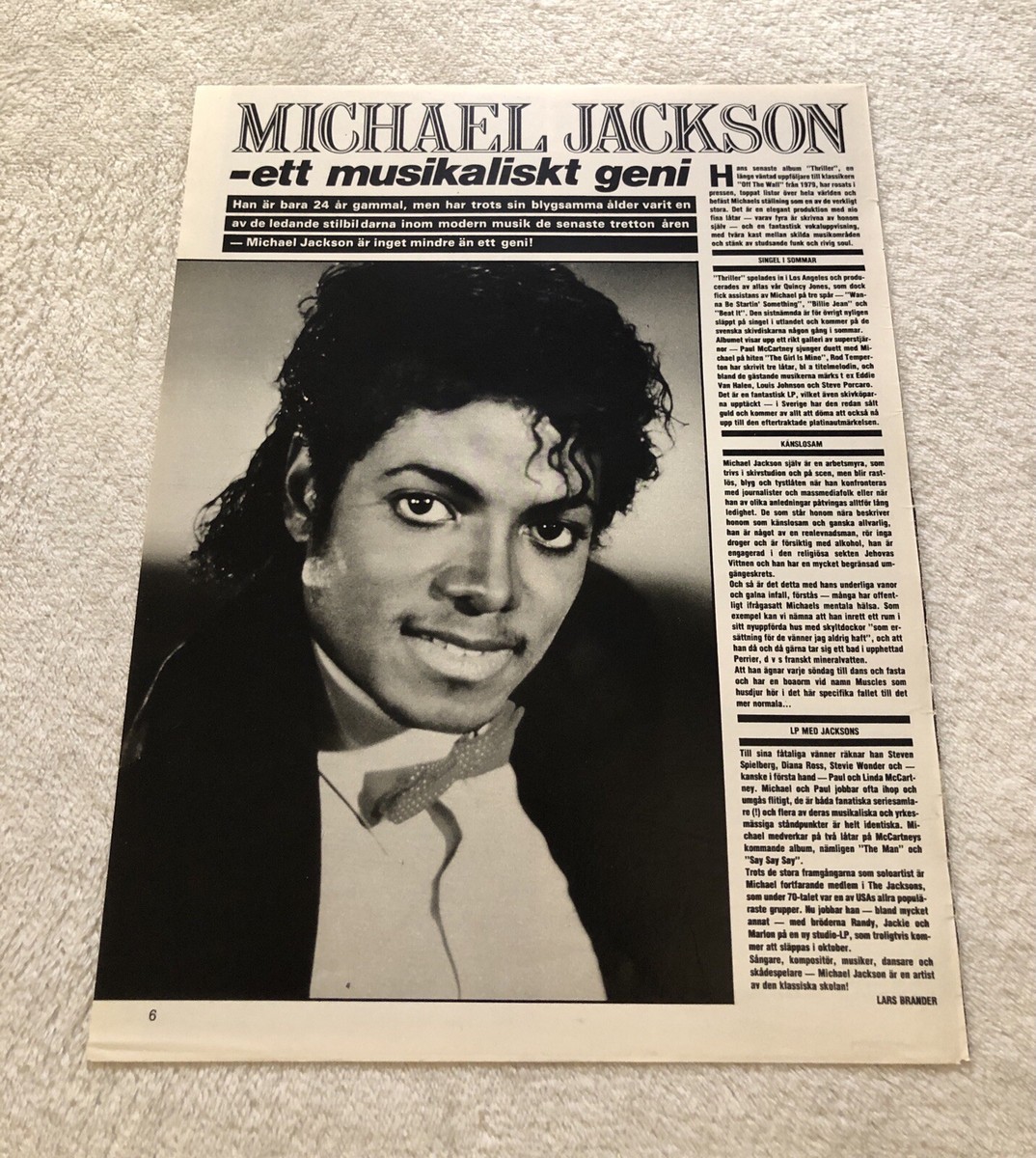 MICHAEL JACKSON 1983 Clipping Poster Swedish Music magazine Okej