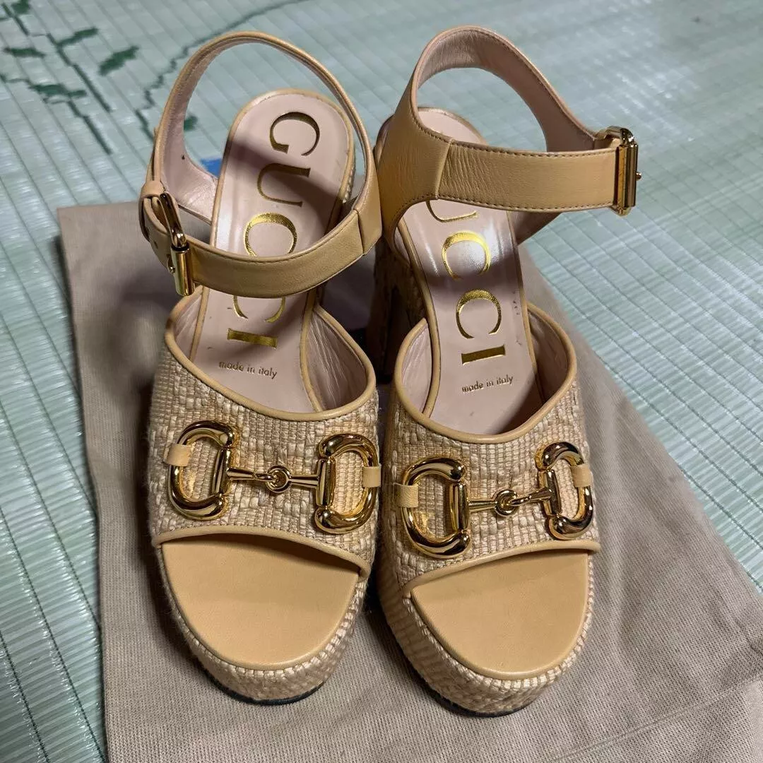 Sandales à talons GUCCI Horsebit mules escarpins chaussures femme taille EU 36 beige logo GG