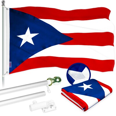 G128 5 Ft Flagpole (Silver) & Puerto Rico Flag 2x3 Ft Embroidered 300D Polyester