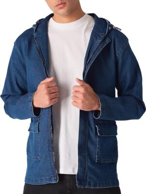 JMOJO Mens Hooded Denim Jacket Mid Blue Wash Regular Fit Military