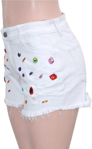 Women's Sexy High Waist Colorful Rhinestone Frayed Raw Hem Hot Denim Shorts - Picture 10 of 24