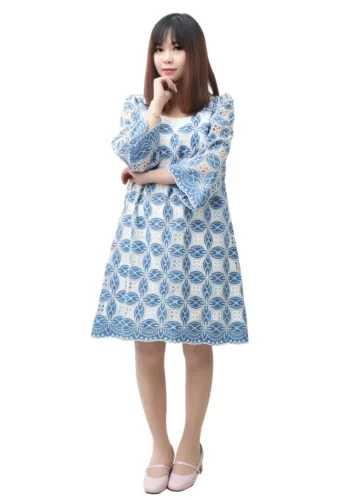 DAZCOS Women's Floral Print Round Collar Loose Fit 3/4 Sleeve Blue Dress