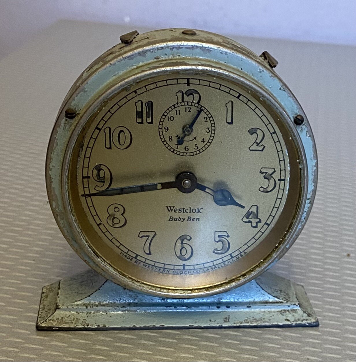 Antique 1927 Westclox Baby Ben Gold Face Style 2 Chippy Green Case 