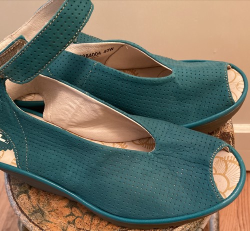 FLY London Yala Perf Teal Suede Leather Wedges US Women’s Size 10W Wide NEW - Picture 2 of 7