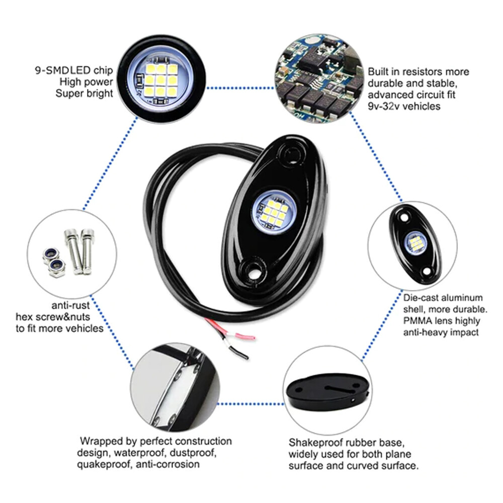 8PCS White LED Rock Lights Underbody Lamp for JEEP Offroad Truck ATV UTV