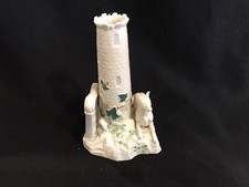 Belleek castle turret porcelain vase w/ dog, harp and cross, 6th gen shamrock