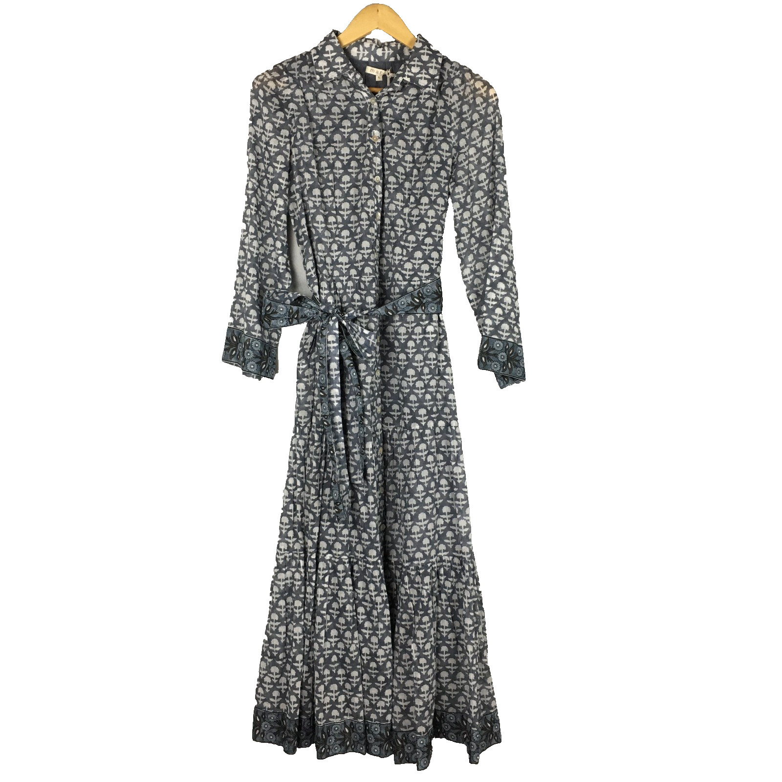 New Marea Floral Shirt Maxi Dress Tie Waist Blue Grey Button front Cotton Boho L