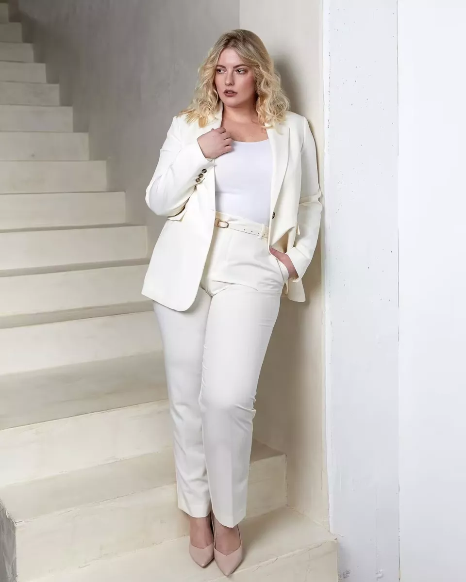 Plus Size Women Suits 2 Pieces Casual White Set Office Lady Wear