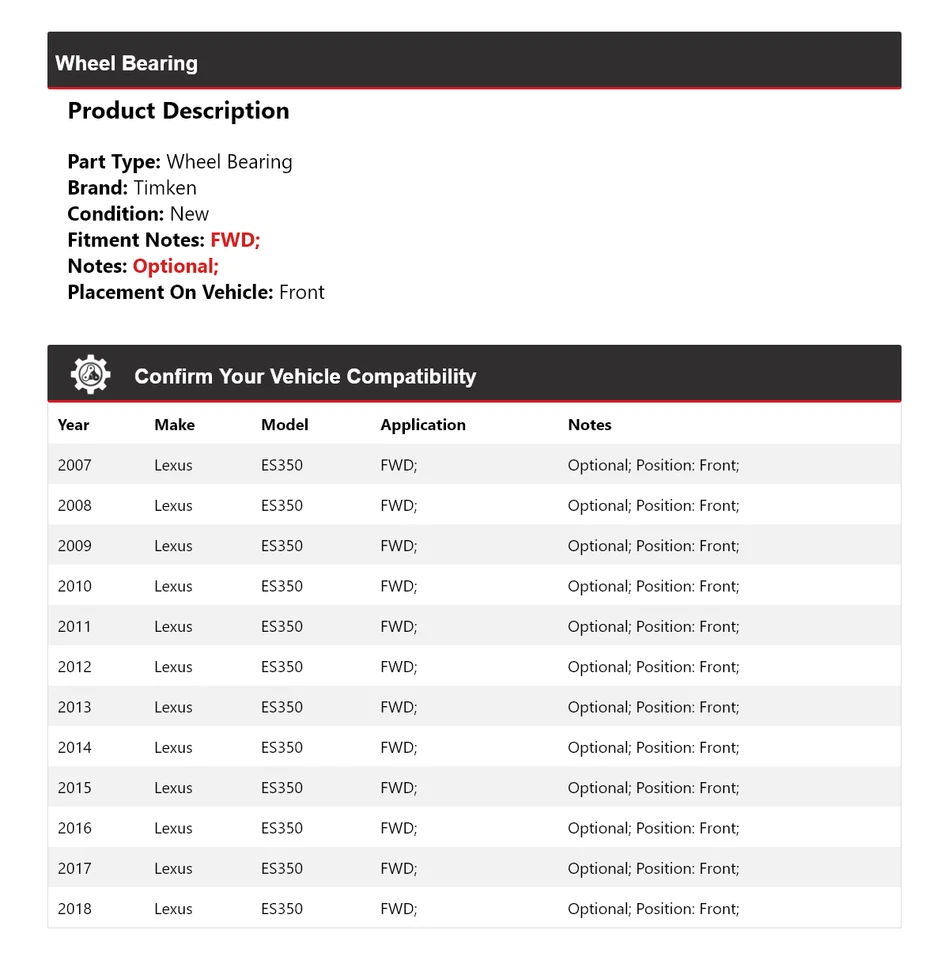 Cojinete de rueda delantero Timken 2008 2009 2010 2011 para Lexus ES350 2007-2018 tracción delantera Foto 2 de 4