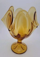 Vintage Viking Art Glass Epic 6 Petal Handkerchief Vase Compote Amber 7" McM 