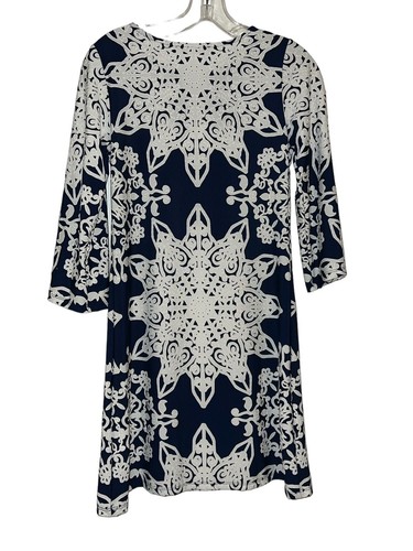 Hanni Navy Blue & White Print Dress Size Women P/S 3/4 Sleeve