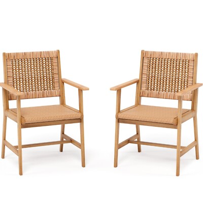Set of 2 Patio Chairs Set Outdoor Rattan Wood Dining Chairs for Porch Backyard