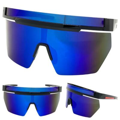OVERSIZED Retro SPORTY WRAP Shield SUN GLASSES Large Black Frame Huge Blue Lens