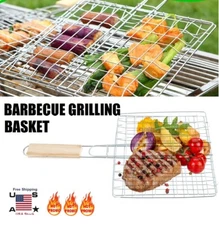 NEW Barbecue Long Handle Grill Basket BBQ Rack Meat Burger Fish Stand Mesh USA