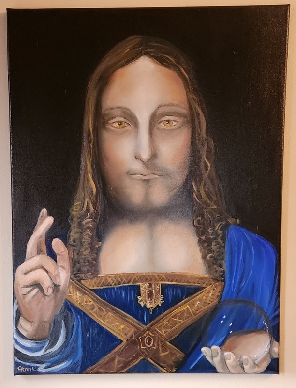 Leonardo da Vinci, Oil Painting, Salvator Mundi, Artist Corrinne Anne, 18x24"