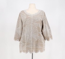 CHICO'S Embroidered Scalloped Hem 3/4 Sleeve Tunic Top in Tan Size 3/XL