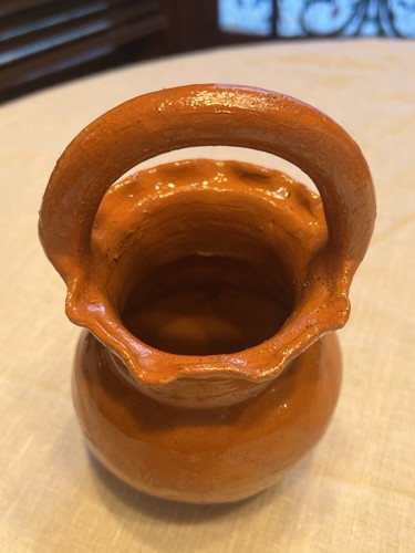 Vintage Handmade Orange Glazed Pottery Jug Pitcher with Handle 6.5” - Afbeelding 3 van 8