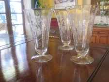 Vintage- Set of 3- Fuchsia (Tiffin)  Footed Ice Tea Glasses - Blown & Etch 6.25”