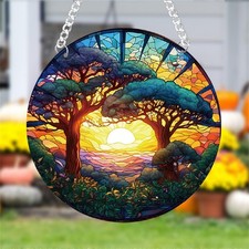 Forest Trees Stained Glass Window Hanging Panels Large Round Acrylic Sunset I...
