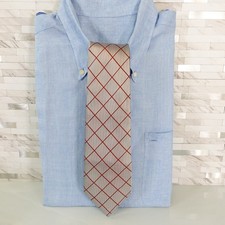 Windowpane Plaid Neck Tie Mens Gray Red Metallic Woven Satin Glossy CLUB LA MER