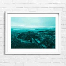 Aerial Volcanic Crater Landscape Teal Framed Wall Art Print Large Picture Home