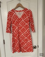 Mahi Gold Orange/White Geometric Shift Dress V-Neck 3/4 Sleeve Knee S
