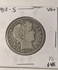 1912-S Barber Half Dollar 50 Cents Very Good+ San Francisco US 90% VG Plus