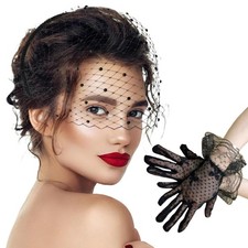 Birdcage Veil, Black Fascinator Veils for Women Face Veil with Black Lace Glo...