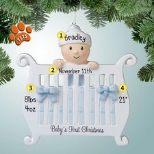 Baby Boy in Crib - Personalized Christmas Ornament - First 1st Christmas